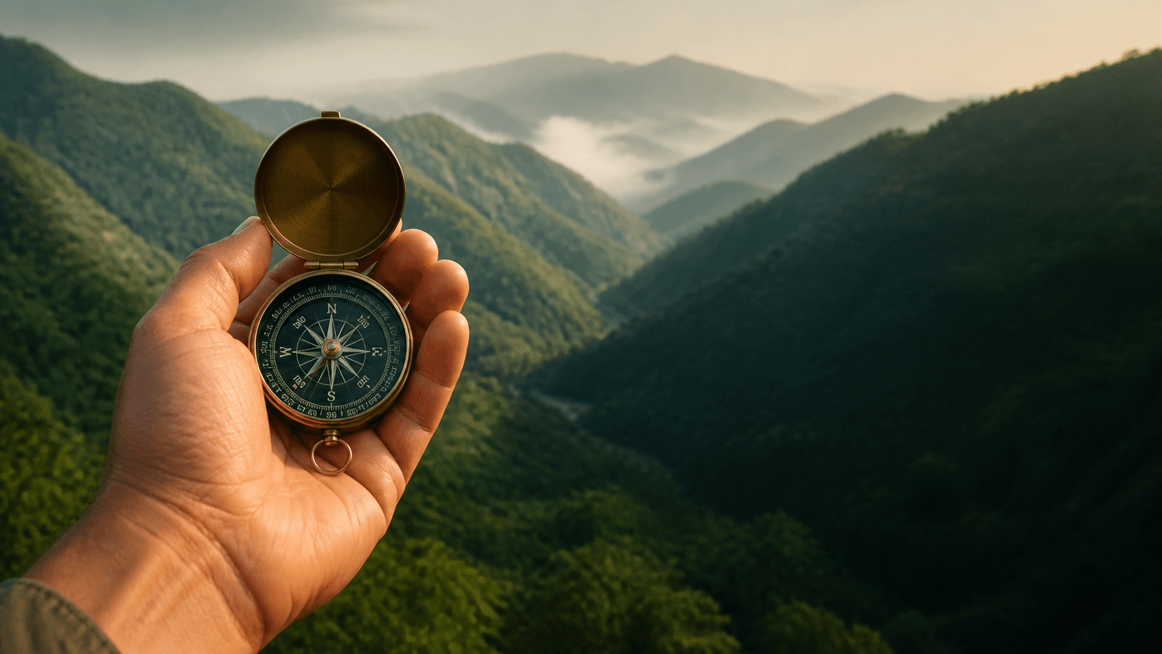 A hand holding a compass above a green mountain valley