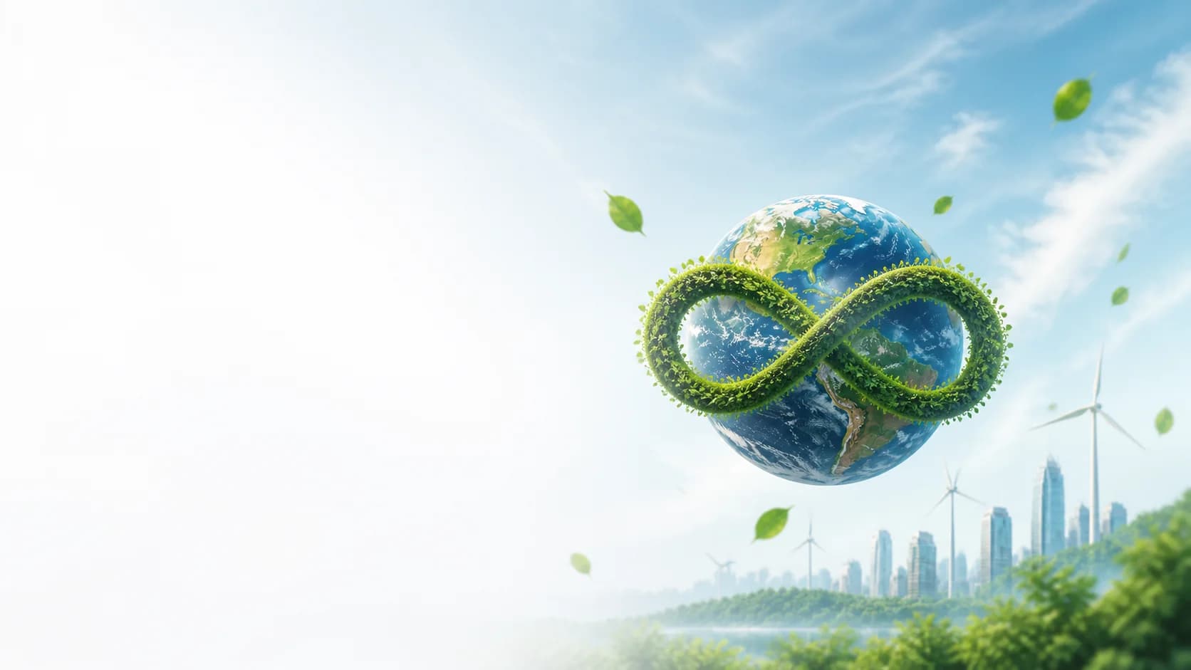 Earth wrapped by a green circular economy infinity symbol above a sustainable city